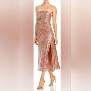 Ramy Brook Exclusive. Grace Strapless Rose Gold Sequin Midi Dress with Side Slit